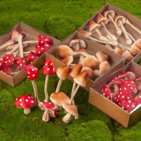 Faux Fungi Toadstools & Mushrooms, up to 13 cm tall by 6 cm diameter. Box of 10, floral decor and Halloween/autumn display