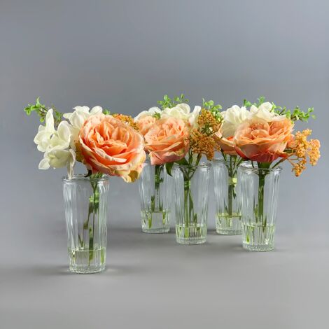 Flowers in Thin Vase, Peach/Cream Rose Arrangement, 23 cm artificial flower & foliage decor. Set of 5