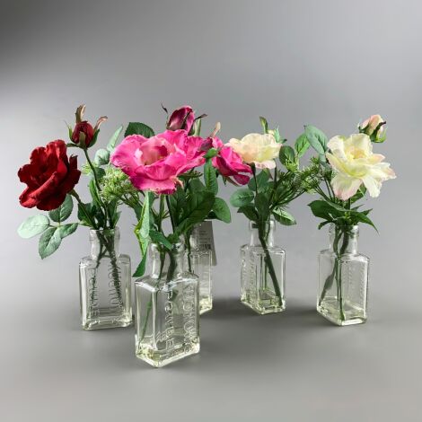 Flowers in Chemist Bottle, Set of 5,Wild Roses Arrangement, 25 cm artificial flower & foliage decor. Set of 5