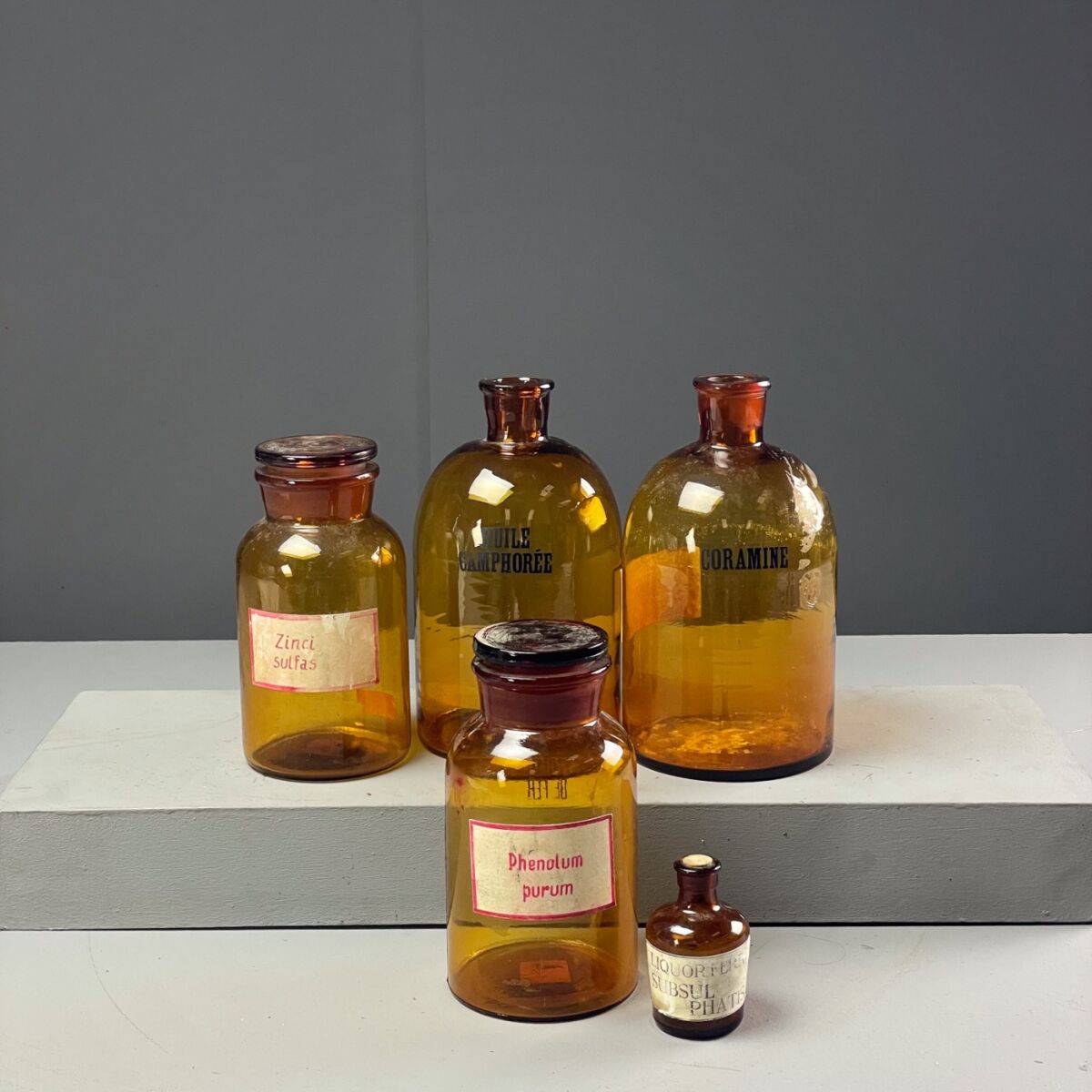 Amber Glass Medicine bottles (x5) - RENTAL ONLY - Brandon Thatchers