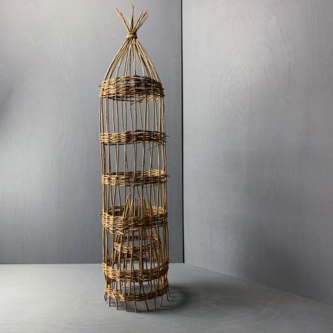 Fish Trap, hand woven willow, approx. 4’, 1.2 m tall by 1’, 30 cm diameter. Hand woven and authentic removable ‘throat’
