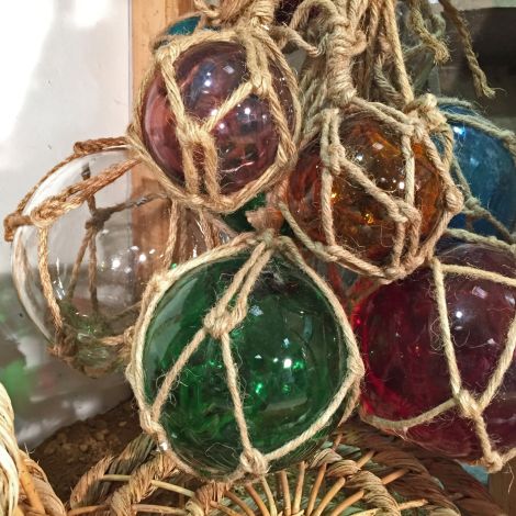 Glass Fishing Floats, Red, Blue, Green, Orange, Aqua, Purple or Clear in 4, 6, 8 or 10” dia. tied with vintage twine