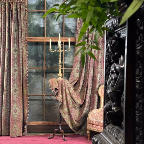 Curtain 3, Burgundy and Sage Patterned with Trim 2.75m (9’) long - RENTAL ONLY