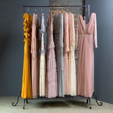 Scrolled Metal Dress Rack with 8 Gowns - RENTAL ONLY