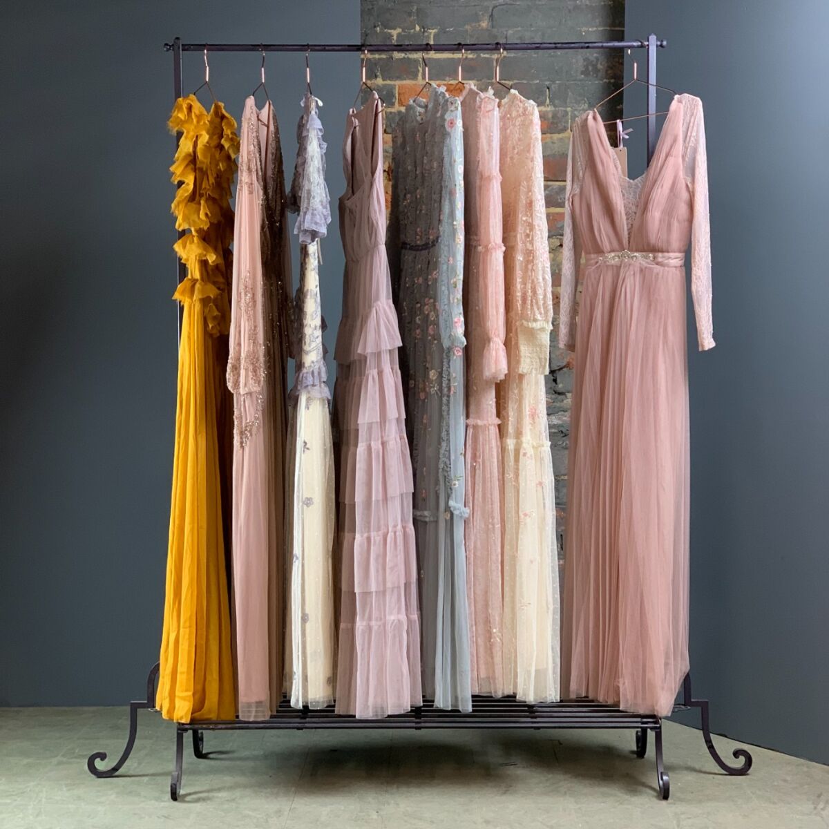 Scrolled Metal Dress Rack with 8 Gowns - RENTAL ONLY - Brandon Thatchers