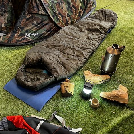 Khaki Bed Rolls (x19) and a Variety of Sleeping Bags - RENTAL ONLY. 