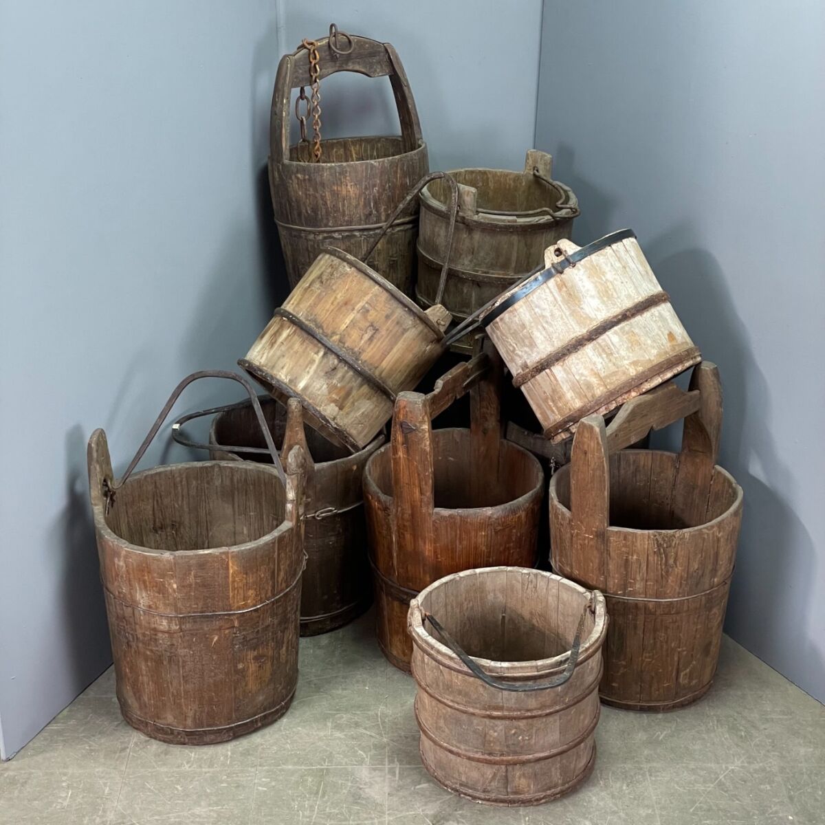 Antique Wooden Buckets (10 available) RENTAL ONLY Brandon Thatchers
